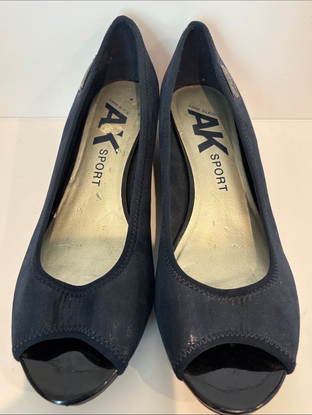 AK Sport by Anne Klein Navy Blue Peep-Toe Wedge Heels sz 8.5